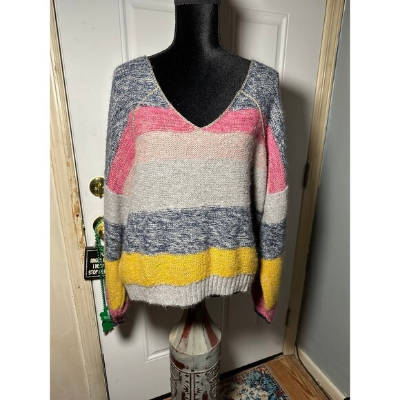 Anthropologie Theia Striped Metallic V-Neck Wool Alpaca Blend Sweater - Picture 1 of 6